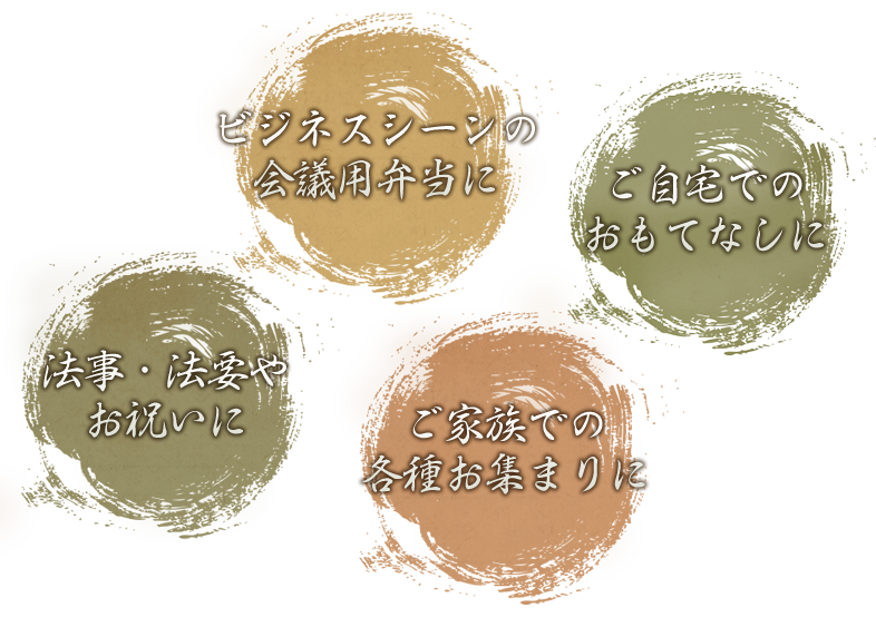 ビジネスシーンの会議用弁当に ご自宅でのおもてなしに 法事・法要やお祝いに ご家族での各種お集まりに